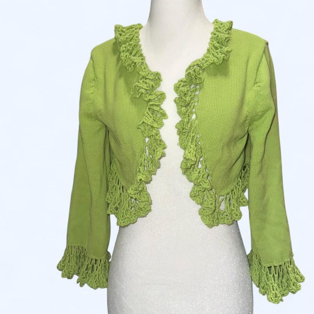 Vintage Maurice Sassor Women's Green Cropped Crochet Cardigan